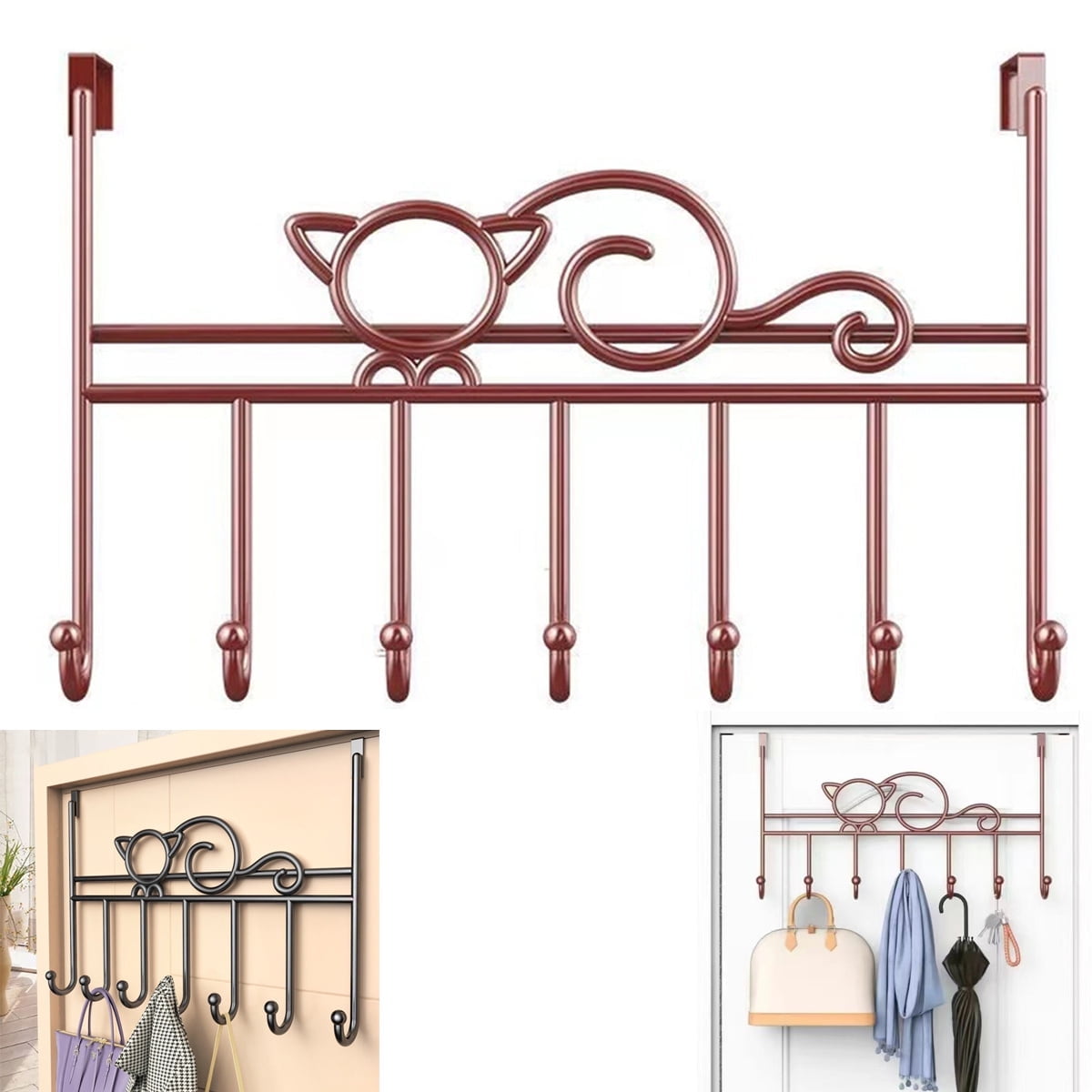 Over the Door Hook,Cat Design Wall Hooks Over Door Hook with 7 Hooks for Back of Bedroom Bathroom Door Punch-Free Coat Rack Organizer Clothes Key Holder Towel