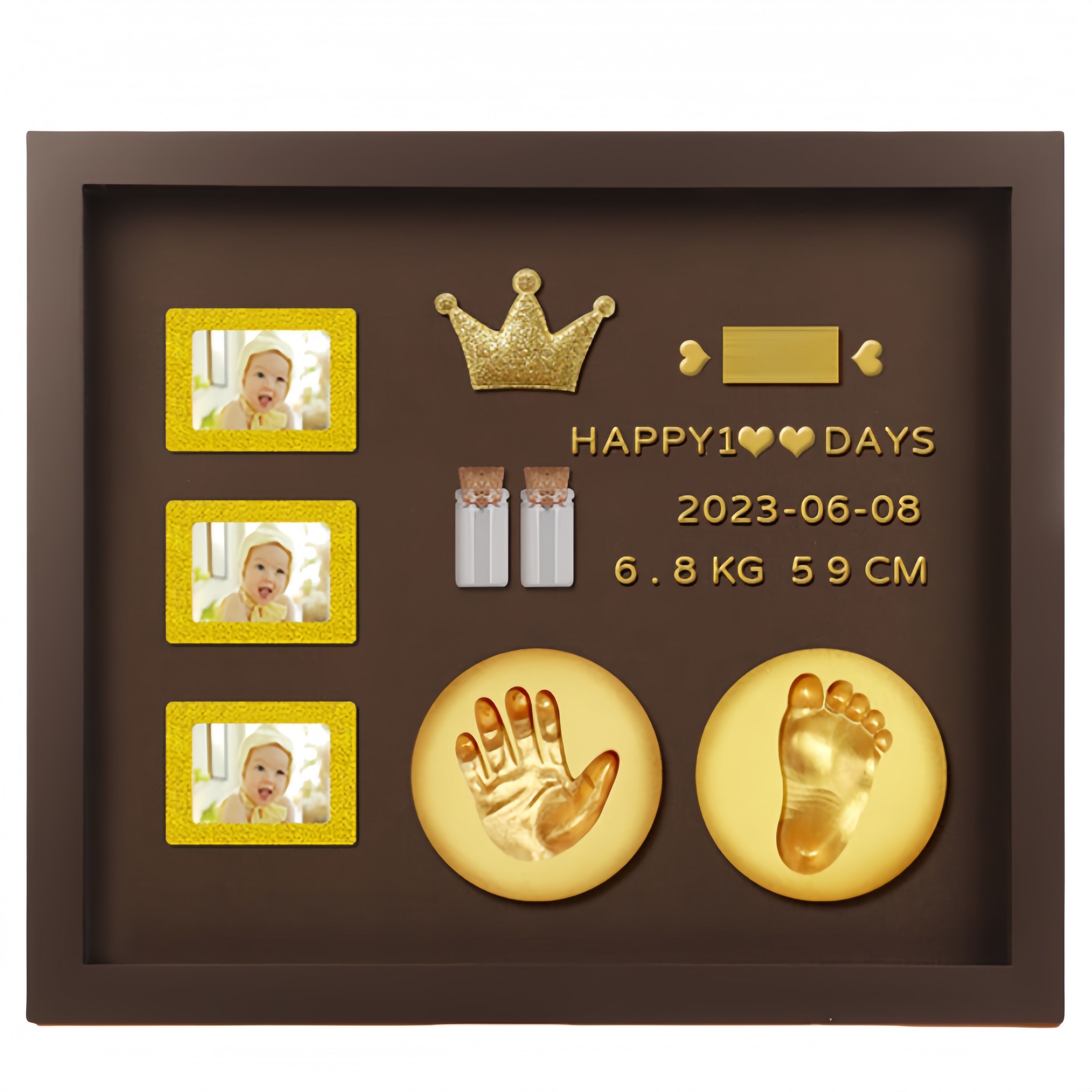 Baby Hand and Footprint Kit with 3 Photo Slots, Golden Ink Pad & Number/Letter Stickers, Non-Toxic Newborn Gift Set for Baby Shower, Nursery Decor, Keepsake
