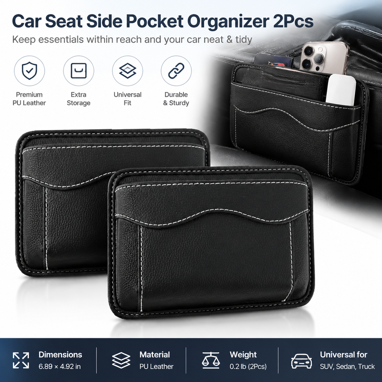 2Pcs Car Seat Side Pocket Organizer, PU Leather Mini Vehicle Phone Holder Storage Bag, Automotive Interior Tray Pouch Seat Gap Filler Accessories, Universal — image 5