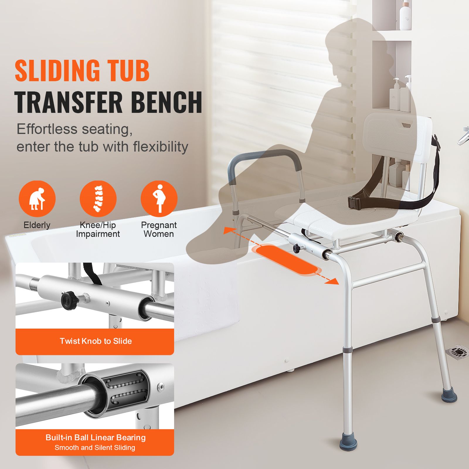 Sliding Tub Transfer Bench Shower Chair & Cut-Out Seat Reversible Backrest — image 2