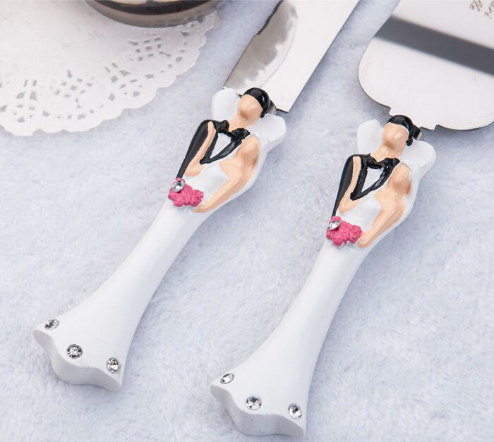 Bride Groom Cake Server Set Wedding Cake Knife and Silver Blade Server Set Boxed - Bride Groom Handles โ image 2