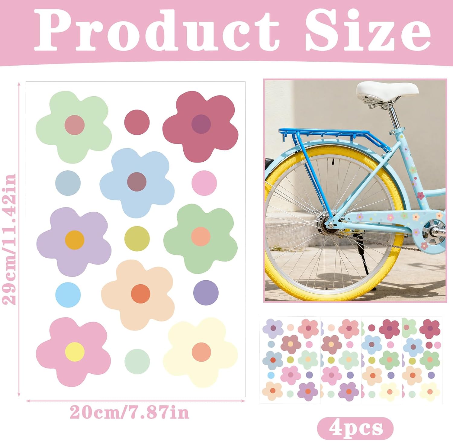 4 Sheets Flower Bike Stickers, Waterproof Wall Decals Colorful Daisy Cute Y2k Stickers for Home Car Motorcycle Bus Helmet Scooter Window Journal Planner Laptop
