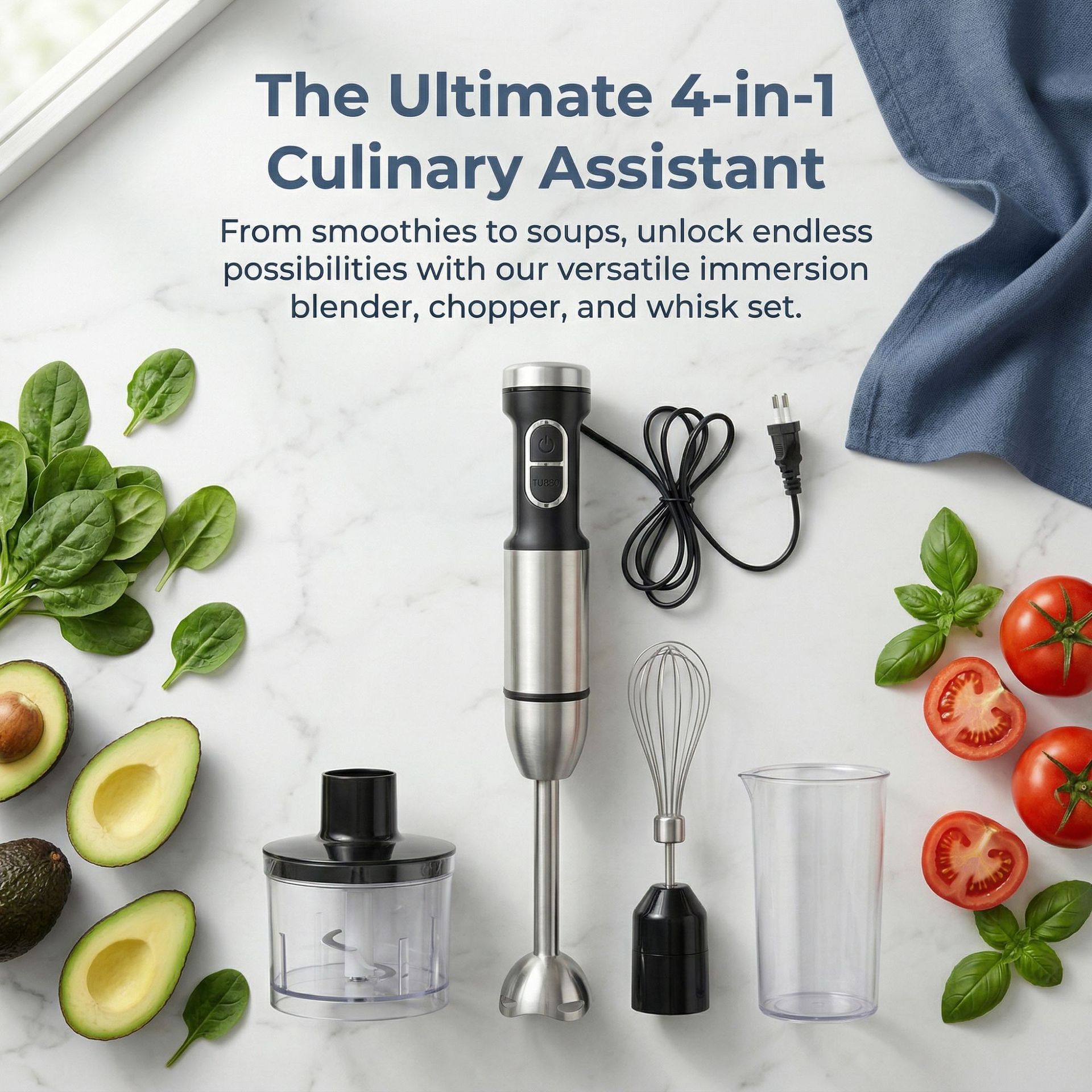 4-in-1 Hand Blender, Blends, Chops, Whisks, and Grinds All in One Machine, 25-Speed Adjustment with TURBO Boost, Splash-Proof and Easy to Disassemble and Clean