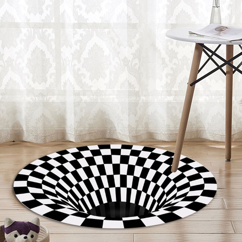 Round Black White Grid Carpet 3D Vortex Room Bedroom Anti Slip Floor Mats Home Carpet Rugs — image 2