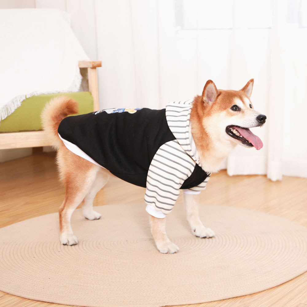 Autumn/Winter Dog Clothes - Black Hoodie with Striped Hood & Baseball Bear (Size - 4XL)