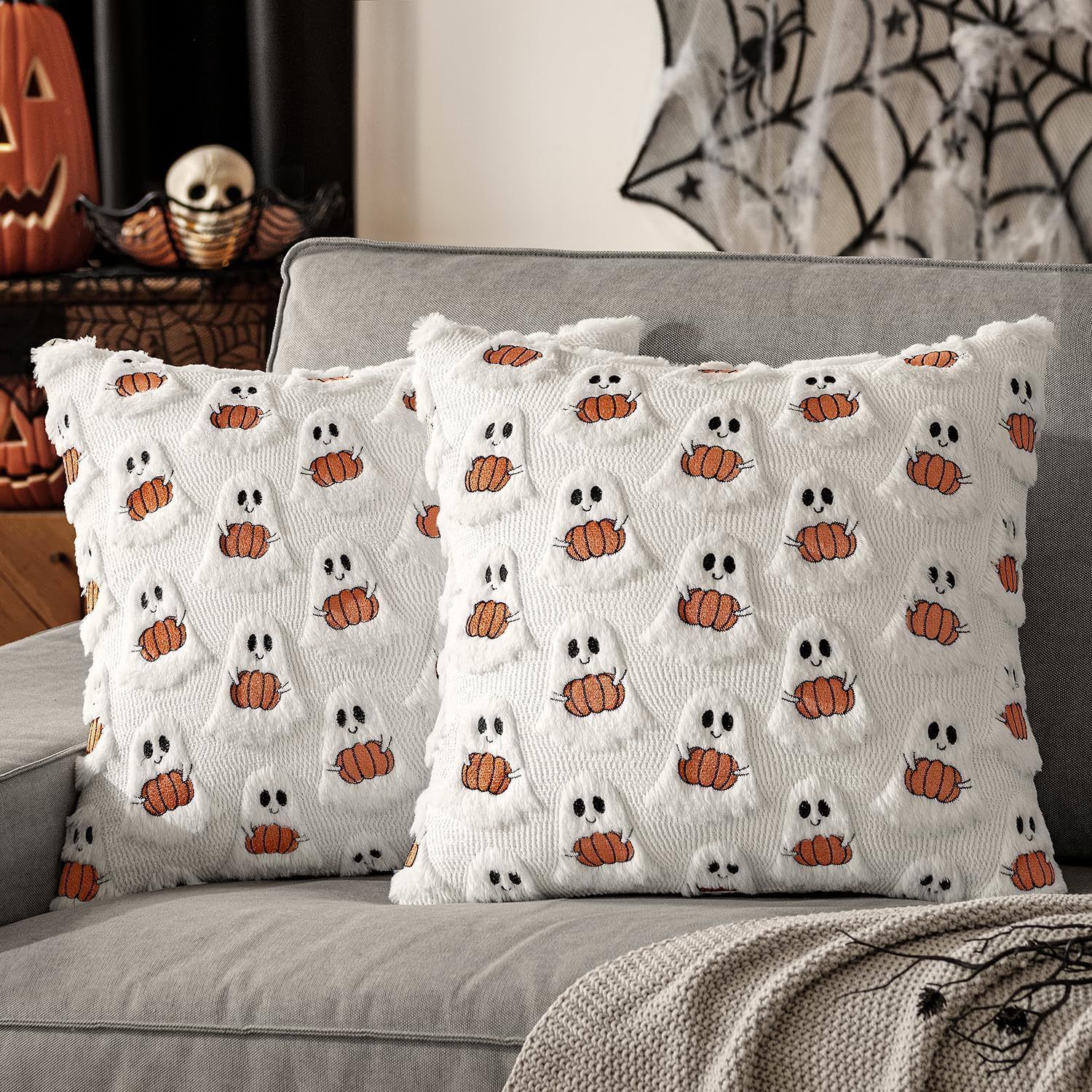 2PCS Fun Festival Short Plush Pillow Cover, Black Ghost Print Decorative Cushion Case, Household Sofa Bedroom Accessory, 45x45cm, Pillow Insert Not Included — image 4