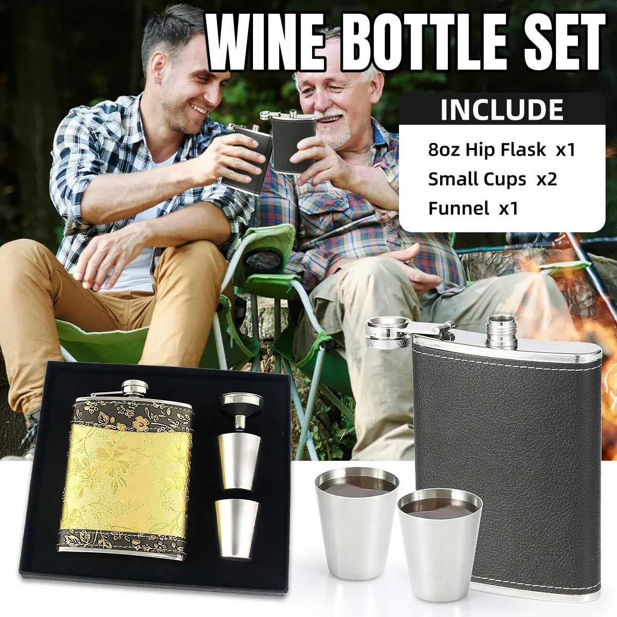 8oz Stainless Steel Wine Flask Portable Flat Metal Outdoor Bottle Gift Set Use - Yellow Pattern ā image 2