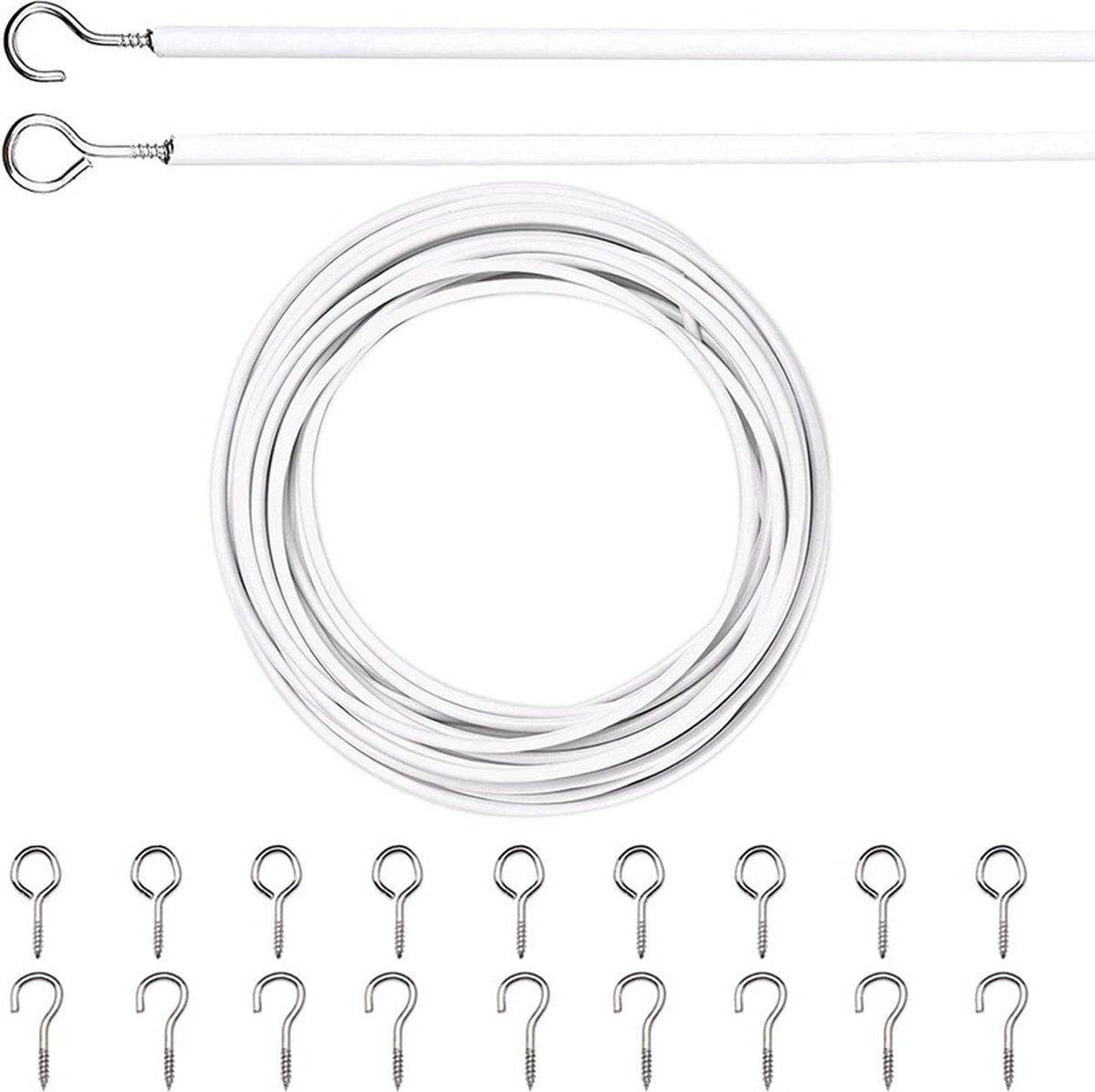 Curtain spiral wire - 10M - Curtain cable - with screw eyes and hooks - 25 sheep eye circles and 25 question mark nails - Spiral wire set - curtain