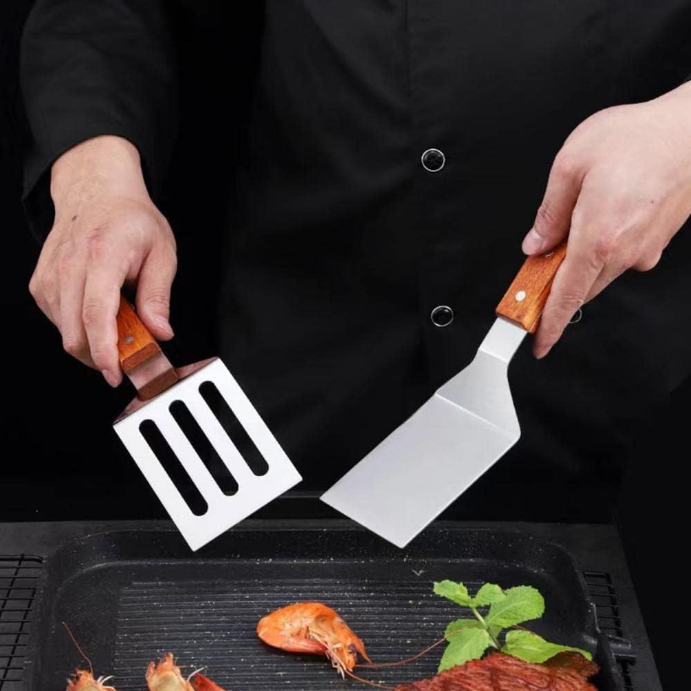 2 PCS Metal Spatula for Cast Iron Skillet, Stainless Steel Grill Spatula Slotted Turner Fish with Wood Handle Flat Top Griddle for Cooking BBQ — image 3