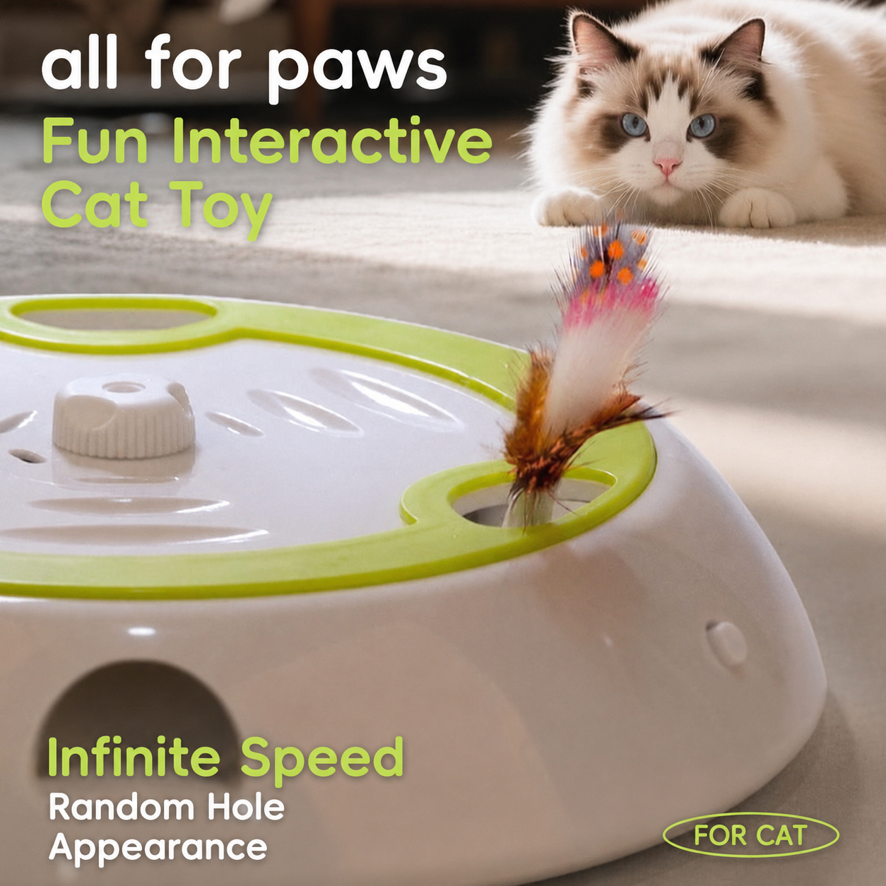 Interactive Electric Cat Toy with Feather Wand, 3 Replaceable Heads, Adjustable Speed, USB-C Rechargeable, Indoor Play for Boredom Relief and Hunting Instinct