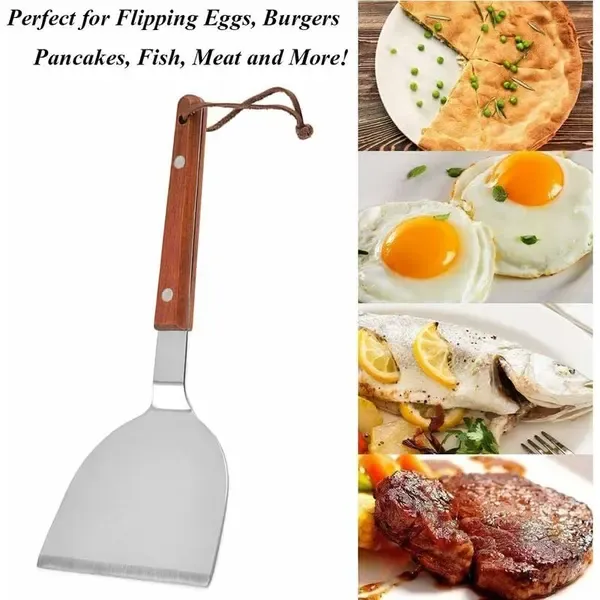 2 Pack BBQ Spatula Set, Stainless Steel Teppanyaki Grill Spatulas with Wooden Handles for Grilling and Griddle Cooking — image 4