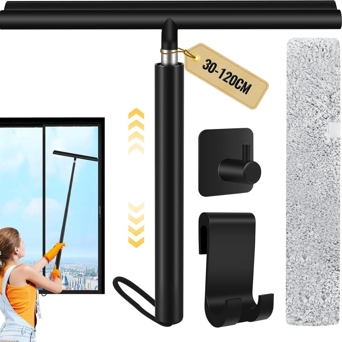 Extendable Shower Squeegee - Up to 120 CM - With Hanging Hook and Squeegee Cloth - Floor Squeegee / Window Squeegee with Long Handle - Shower and Bathroom