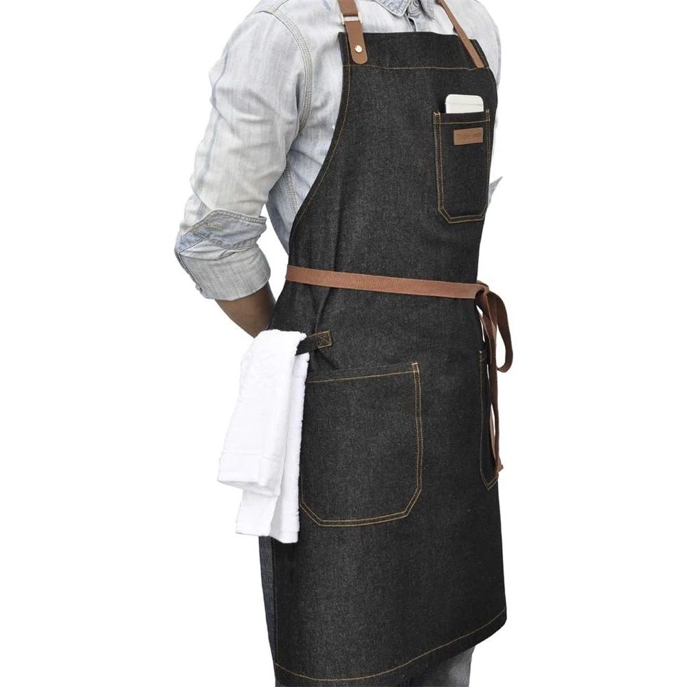 Denim Chef Apron with Pockets, Mens Womens Professional Kitchen Bib Black Apron for Cooking Grill BBQ Server, with Towel Loop and Adjustable Neck Straps — image 2