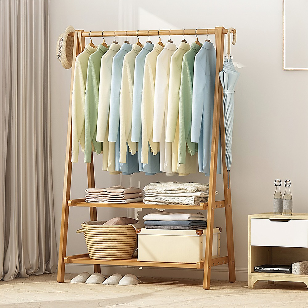 Portable Clothes Rack Coat Garment Stand Bamboo Rail Hanger Airer Closet — image 4