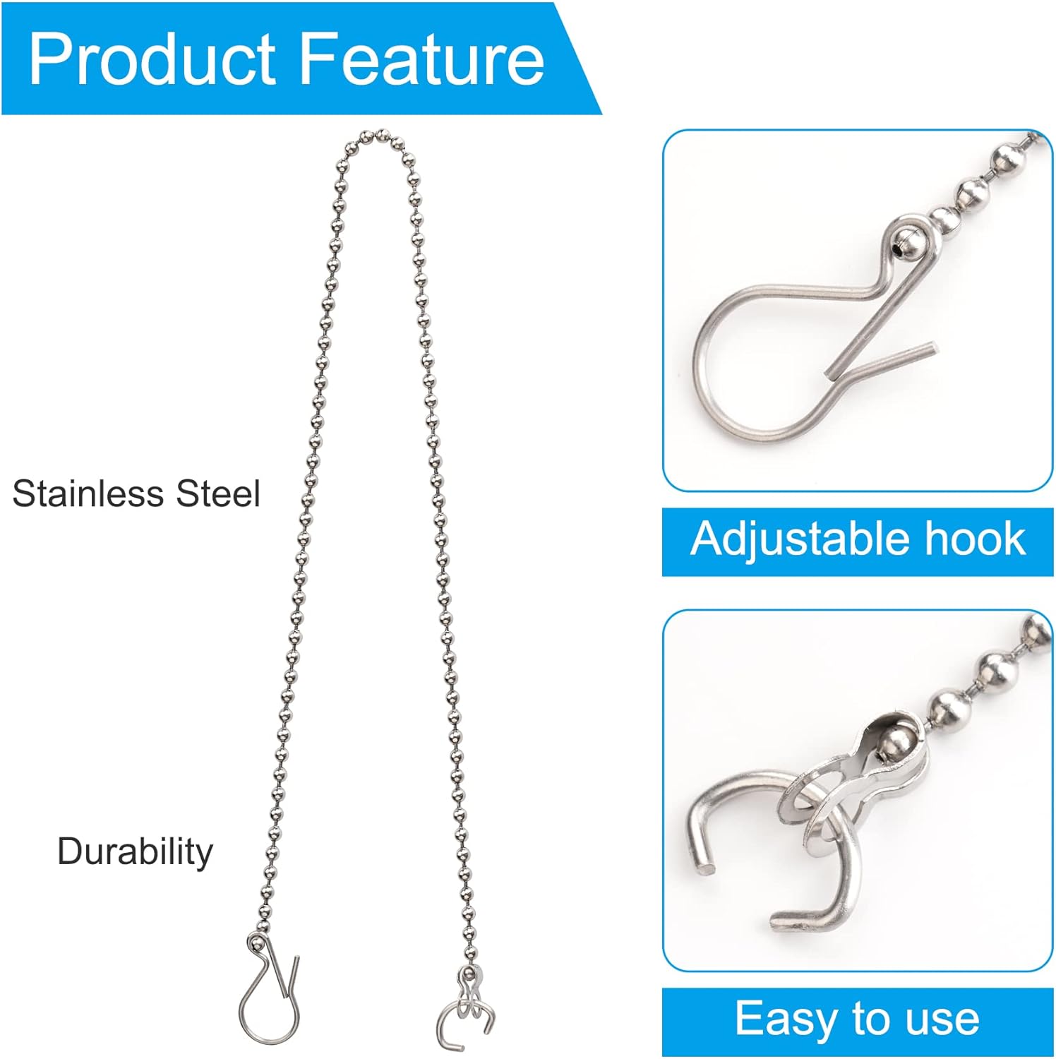 3 Pack Universal Toilet Flapper Chain Replacement Kit,Stainless steel,Including 12-Inch Chain,Hook,Ring — image 2