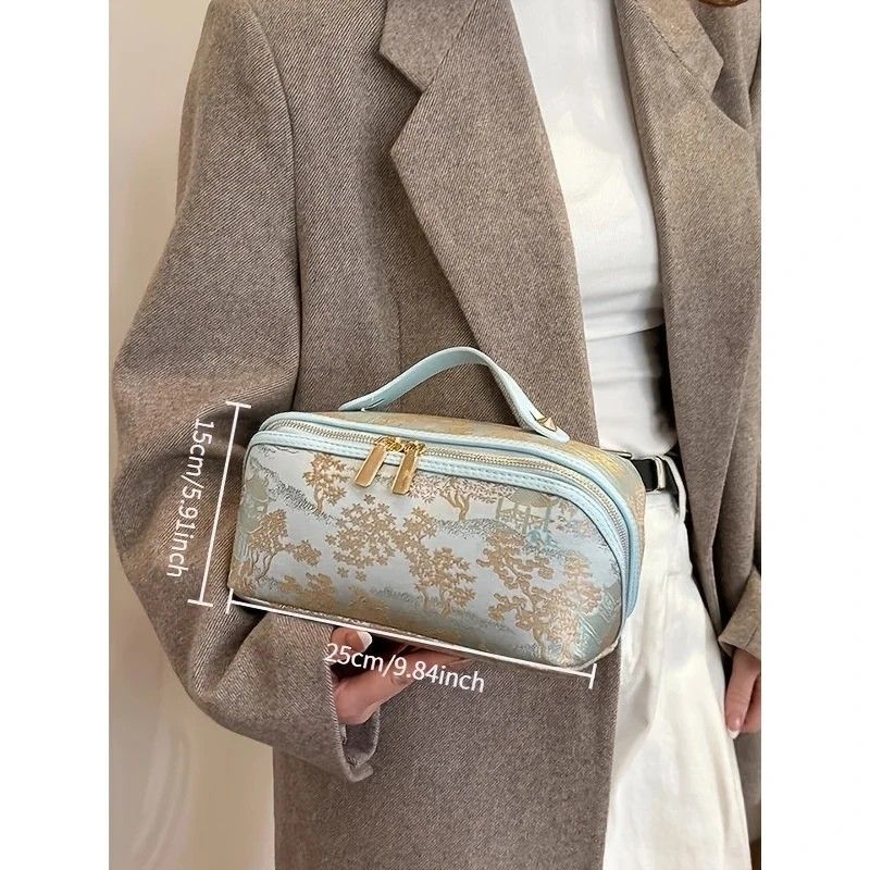 ✨ Large Capacity 3D Makeup Bag | Jacquard Fabric + Metal Zipper | Multi-Compartment Organizer, Fits Full Skincare & Makeup for Commute & Travel!/BLUE — image 4