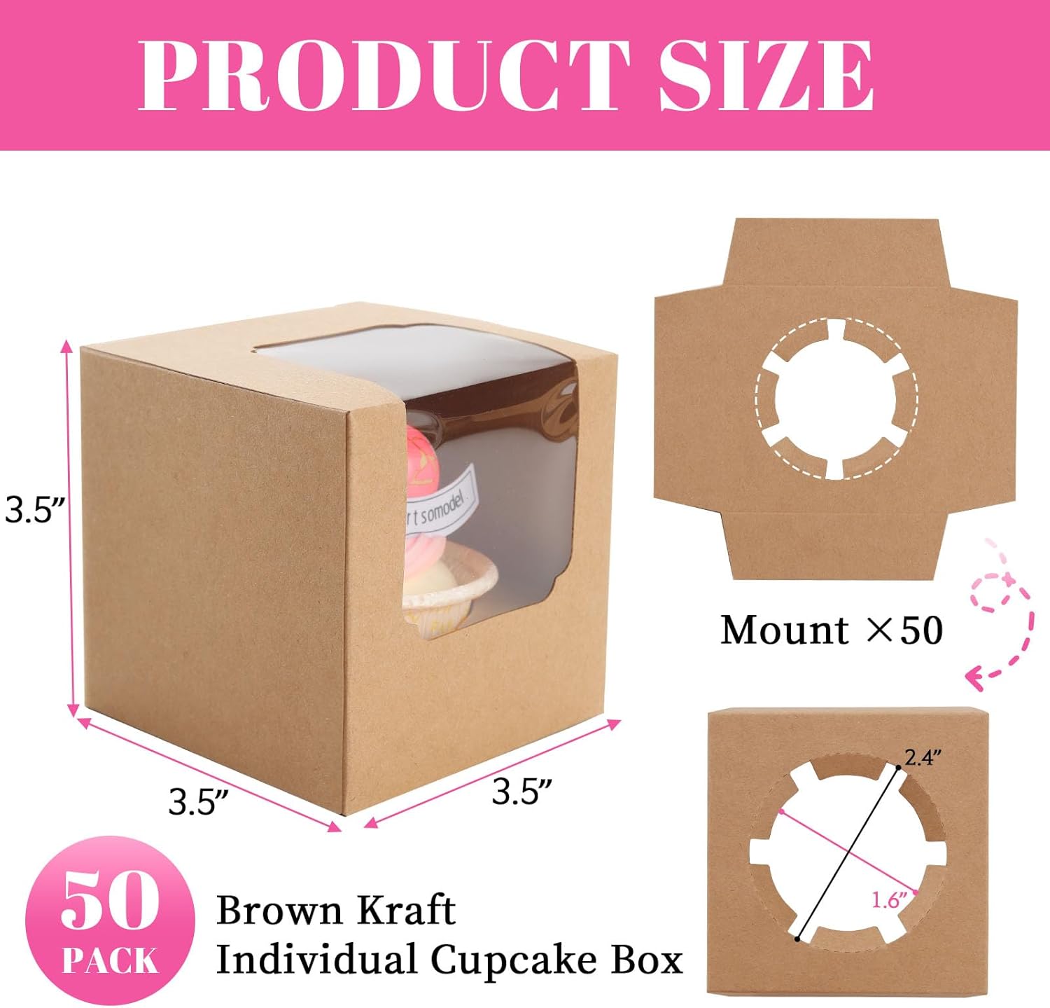 50 Pcs Cupcake Boxes Individual Cupcake Containers Pre-Assembled Single Cupcake Boxes 3.5"x3.5"x3.5" with 50 Pcs Inserts for Cupcakes Muffins Party โ image 3