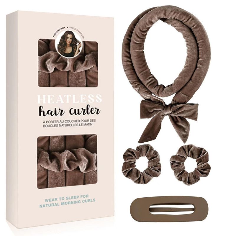 Velvet Heatless Hair Curlers Set, Overnight No-Heat Curling Ribbon with Scrunchies & Hair Clip - Brown