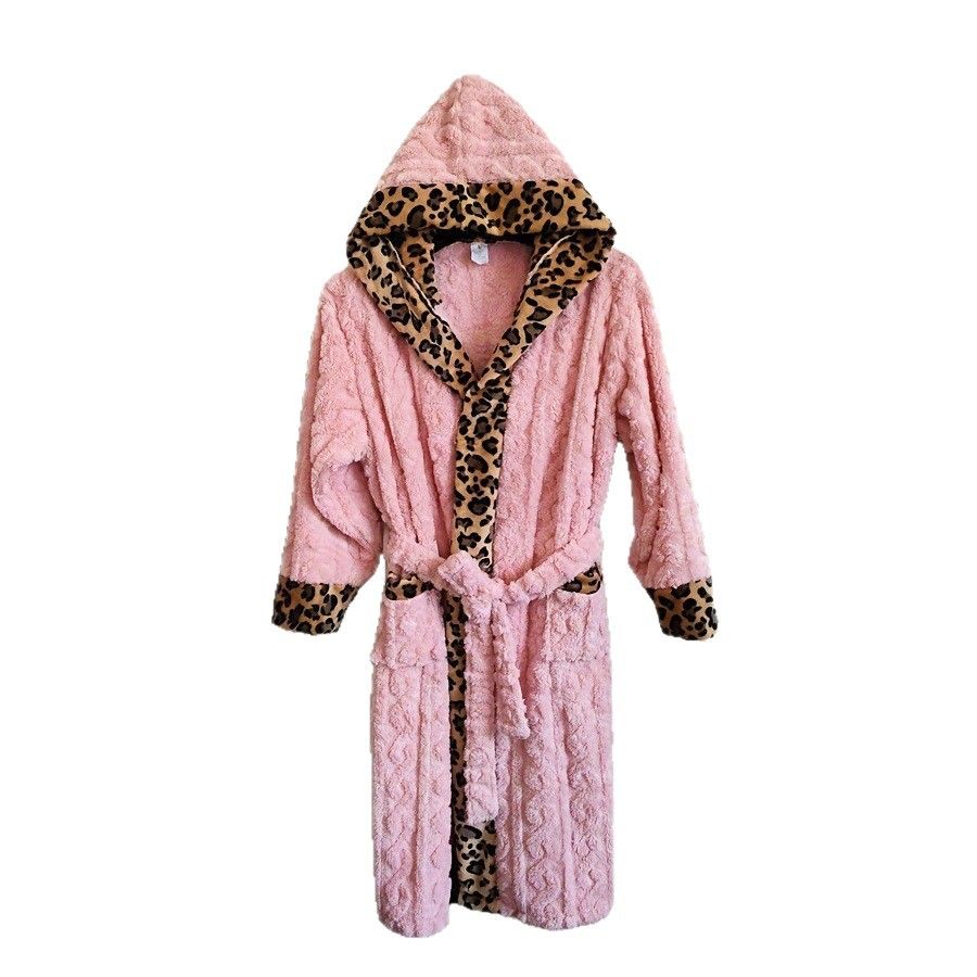 Coral Fleece Leopard Trim Bathrobe Set Bow Headband Included- Pink Hooded Plush Dressing Gown with Belt Ultra Soft Cozy Loungewear Spa Home Wear Gift Ready — image 4