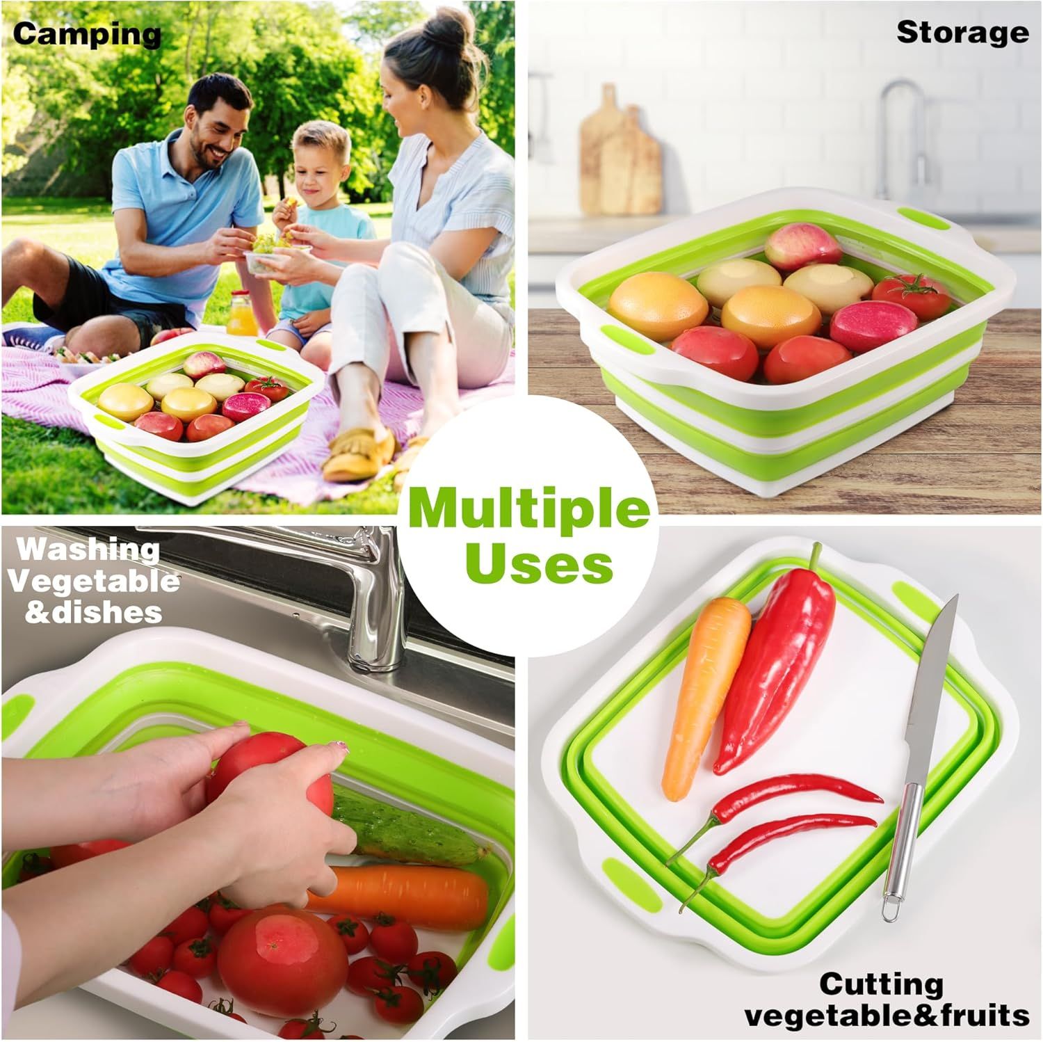 2 Pack Collapsible Cutting Board, oldable Dish Tub with Draining Hole, Portable Chopping Board with Colander, 3 in 1 Multiunction Camping Sink or Washing Dish β image 6