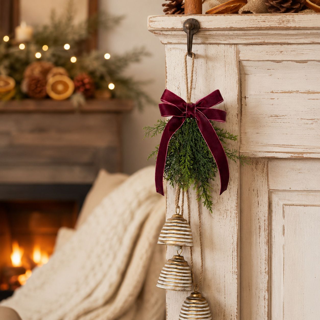 Vintage Christmas Bell Hanging Decoration | Distressed Metal Bell + Velvet Bow, Accented with Pine Greenery, Warm Holiday Atmosphere β image 5