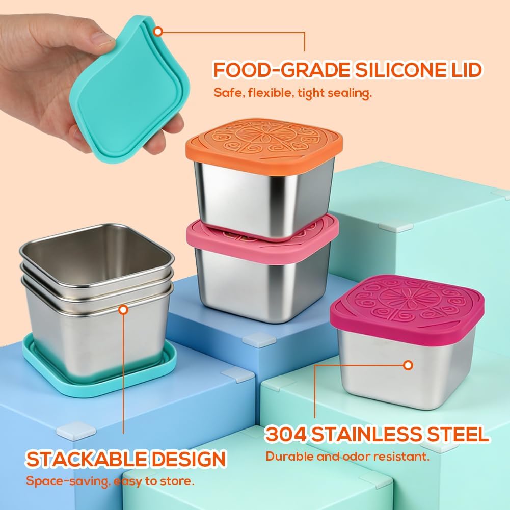 YQL 6-Pack 6oz Square Stainless Steel Snack Containers – Leakproof Metal Food Storage with Colorful Silicone Lids, Reusable Small Boxes for Travel & Meal Prep — image 3