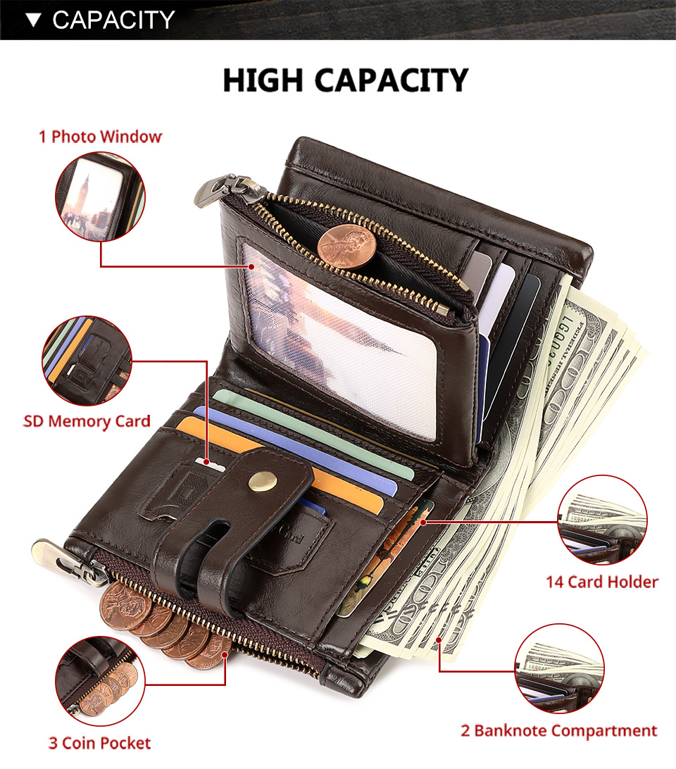 Brown Genuine Leather Men's RFID Blocking Wallet - High Capacity Trifold with Zipper Coin Pocket โ image 2