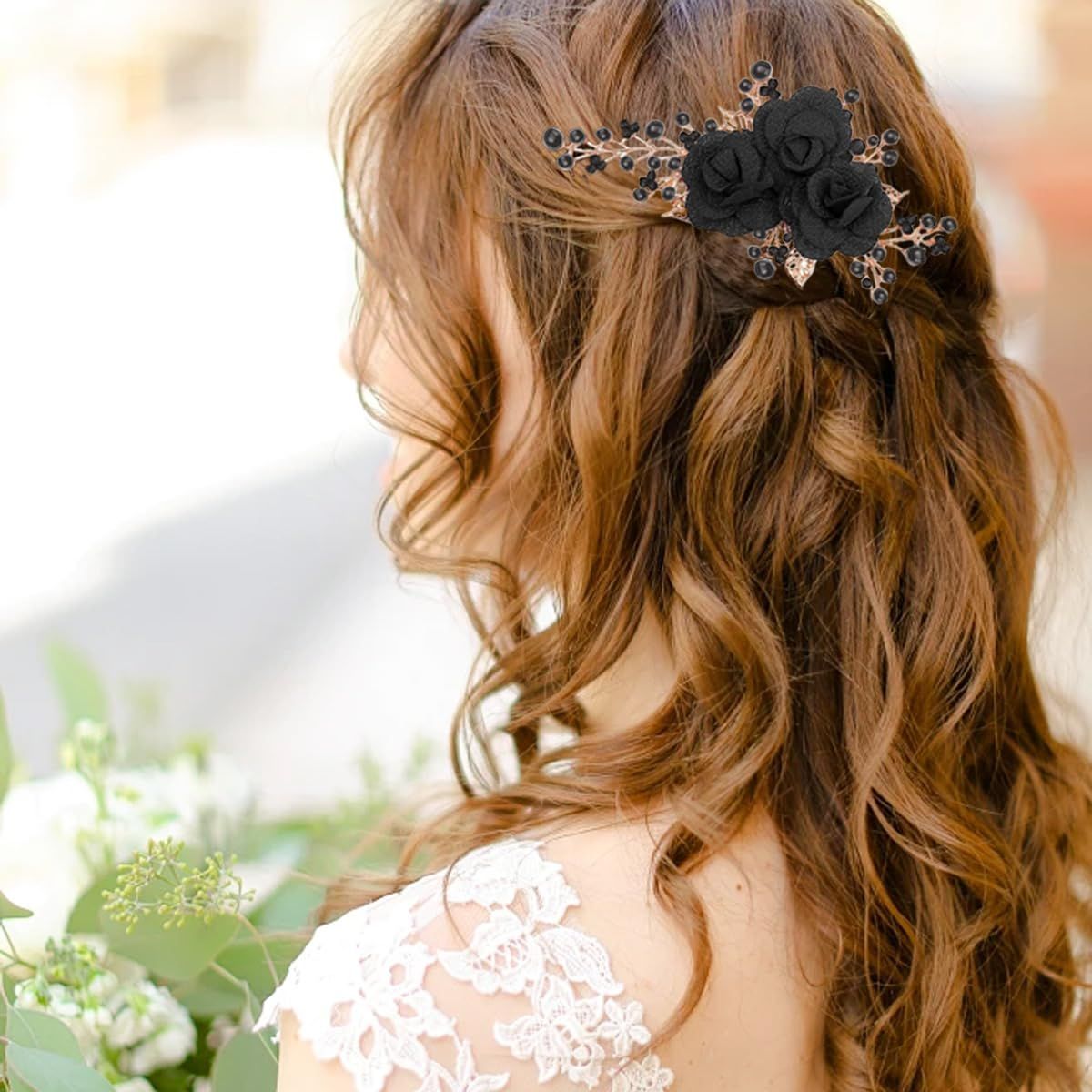 2 PCS Flower Hair Comb Black Bridal Wedding Hair Side Combs Black Rose Floral Rhinestone Pearl Headpiece Vintage Decorative Girl Women Hair Accessories for — image 4