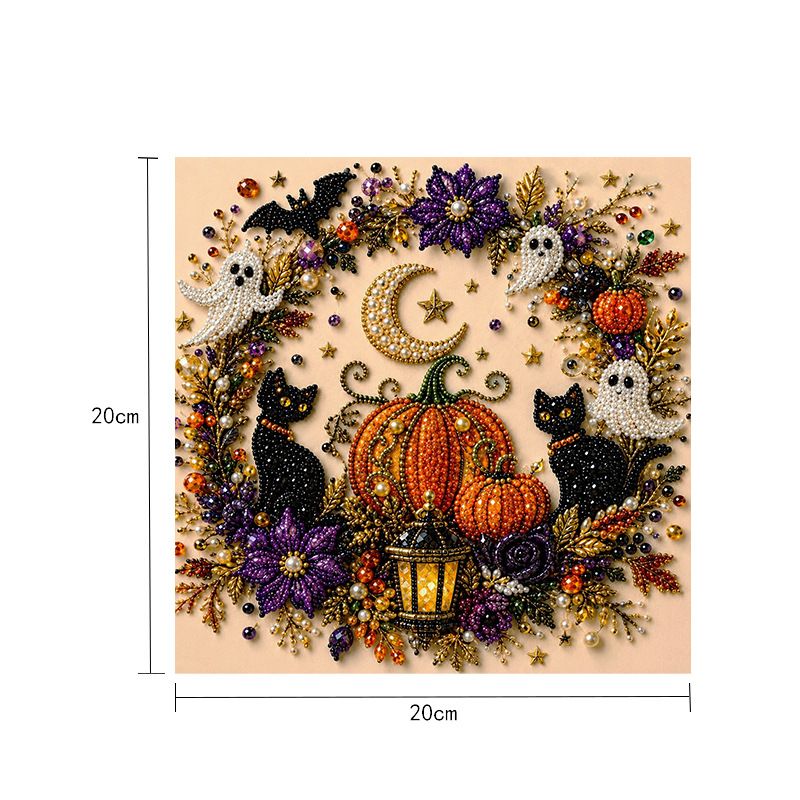 DIY Halloween Wreath‑Style Black Cat Diamond Painting Kit, Pearl Bead Art 20×20cm, Pre‑Stretched Inner Frame, Plastic Sealed Package with Full Set — image 2