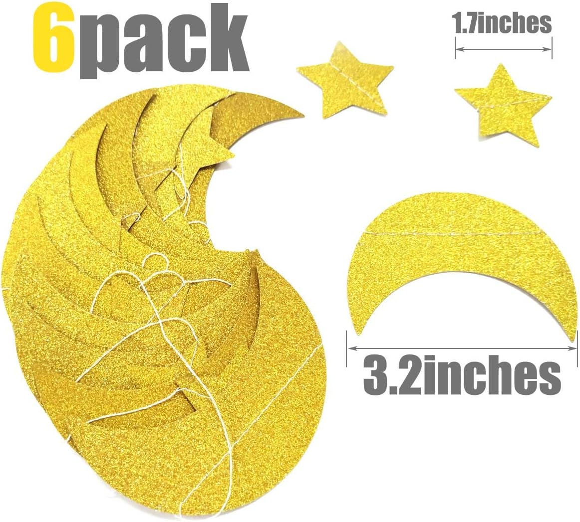 50ft Glitter Moon & Stars Garlands, 6 Pack Gold Double-Side Crescent and Twinkle Paper Hanging Decorations for Birthday Party Baby Shower Engagement Wedding — image 3