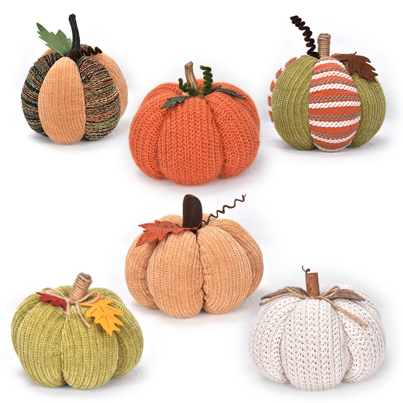 Handmade Knitted Fabric Pumpkin Ornament, Fall Harvest Decorative Pumpkin, Stuffed Polyester Artificial Pumpkin for Thanksgiving Halloween Autumn Home Table — image 4