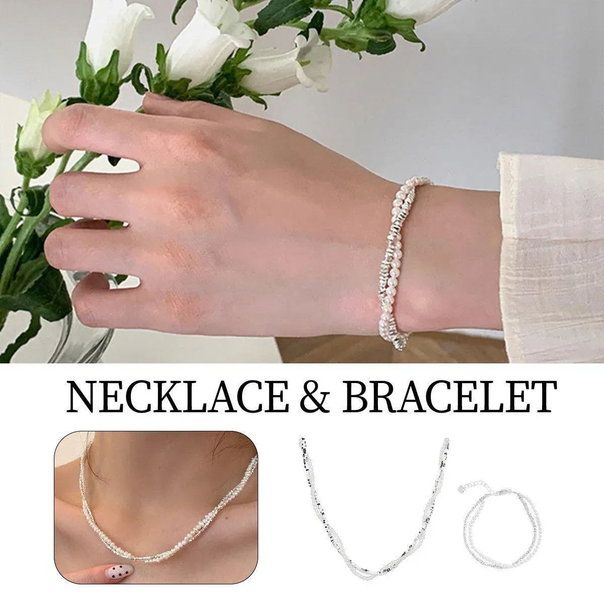 Double Layered Pearl Necklace Bracelet Set Silver Jewelry Women Fashion - Pendant โ image 2