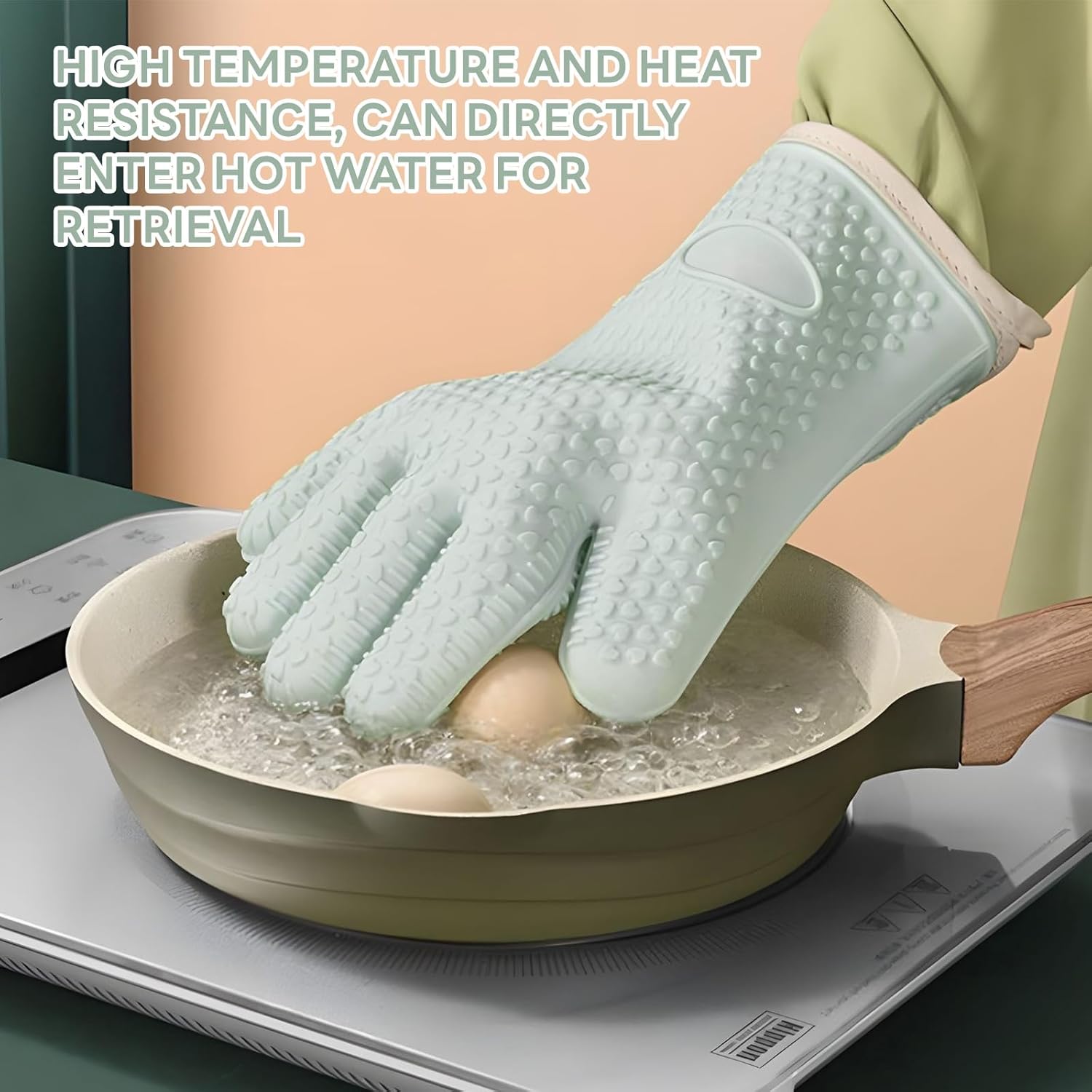 Light Green Heat Resistant Oven Gloves for Baking and Cooking - 1 Pair — image 3
