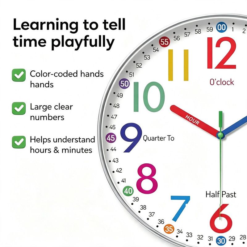 30 cm Children's Educational Wall Clock, Silent Color-Coded Learn-to-Tell-Time Clock — image 5