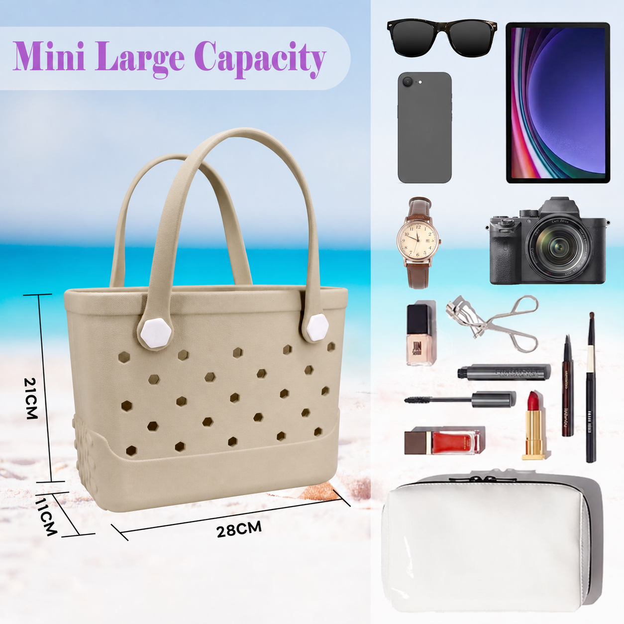 Waterproof Hexagon Mesh Beach Bag - Large Capacity Travel Storage Tote for Swimwear Towel Sunglasses - Apricot Small 28x21x11cm โ image 4