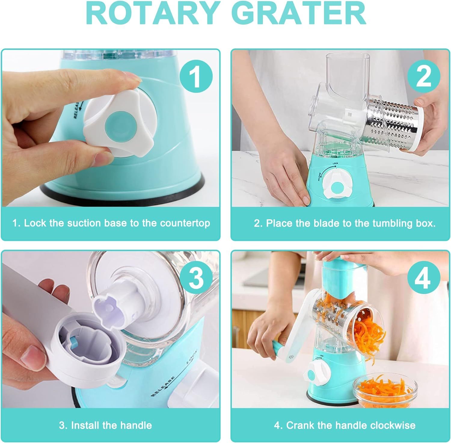 3rd Generation Rotary Cheese Grater, Vegetable Slicer with 3 Replacement Blades, Easy to Clean Rotary Shredder for Fruit — image 2