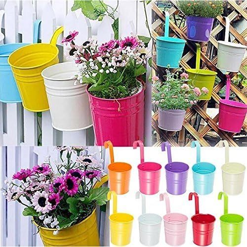 Flower Pots,10 Pcs Metal Iron Hanging Flower Plant Pots Balcony Garden Plant Planter Baskets Fence Bucket Pot 4'' Flower Holders with Detachable Hook โ image 2