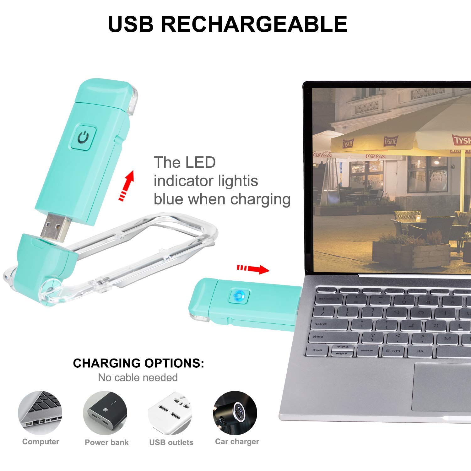 Rechargeable LED Book Light with Dimmable Warm White & Amber Modes – USB-Powered Clip-On Reading Lamp for Books, Sheet Music & Travel (Blue) — image 2
