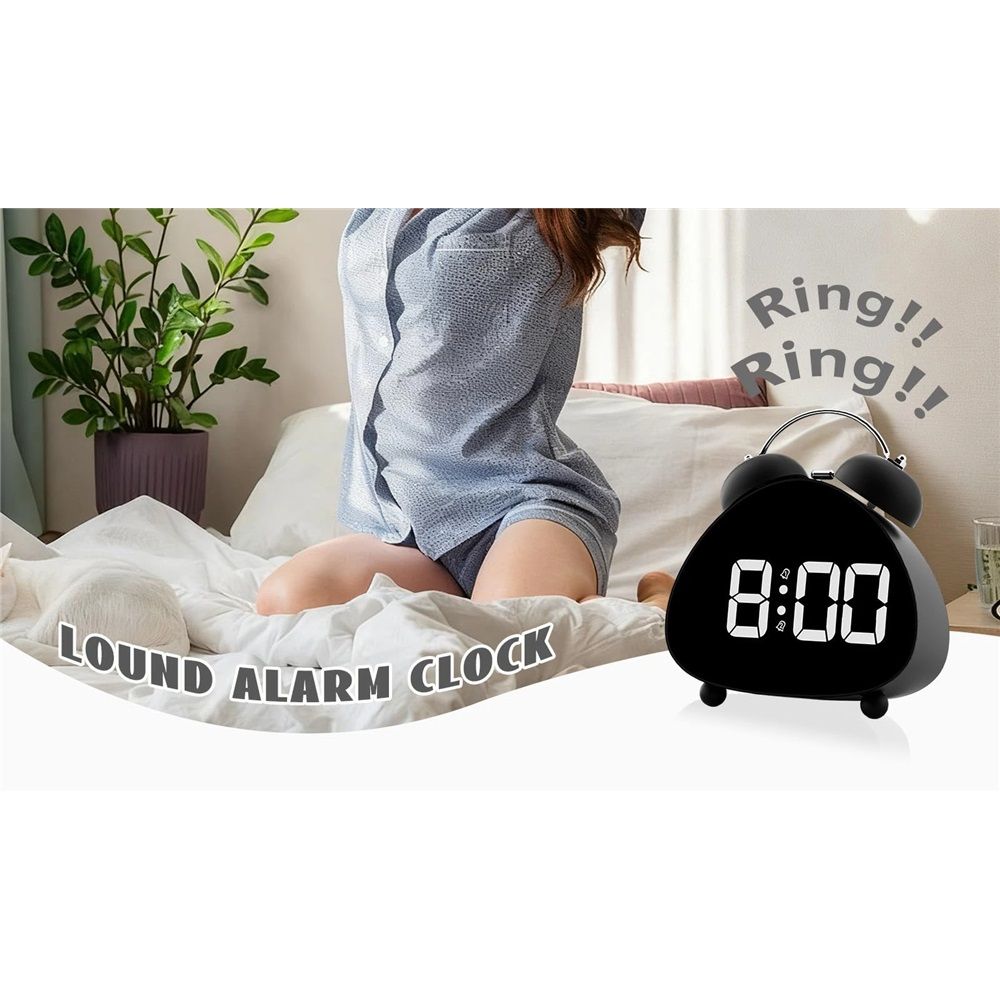 Bell Alarm Clock, Cute Triangle Digital Alarm Clock, Bedside Loud Alarm Clocks for Heavy Sleepers Adults, Silent Desk Clock Battery Operated (Black) — image 4