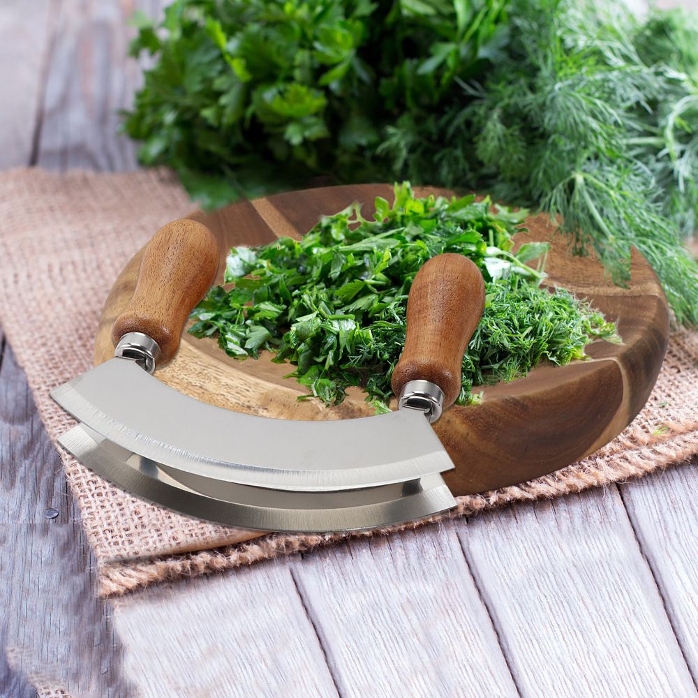 Cutting Board & Knife - Wooden Chopping Board & 2-Bladed Curved Herb Cutter - Round Wood Board & Double Blade Rocker Chopper โ image 3