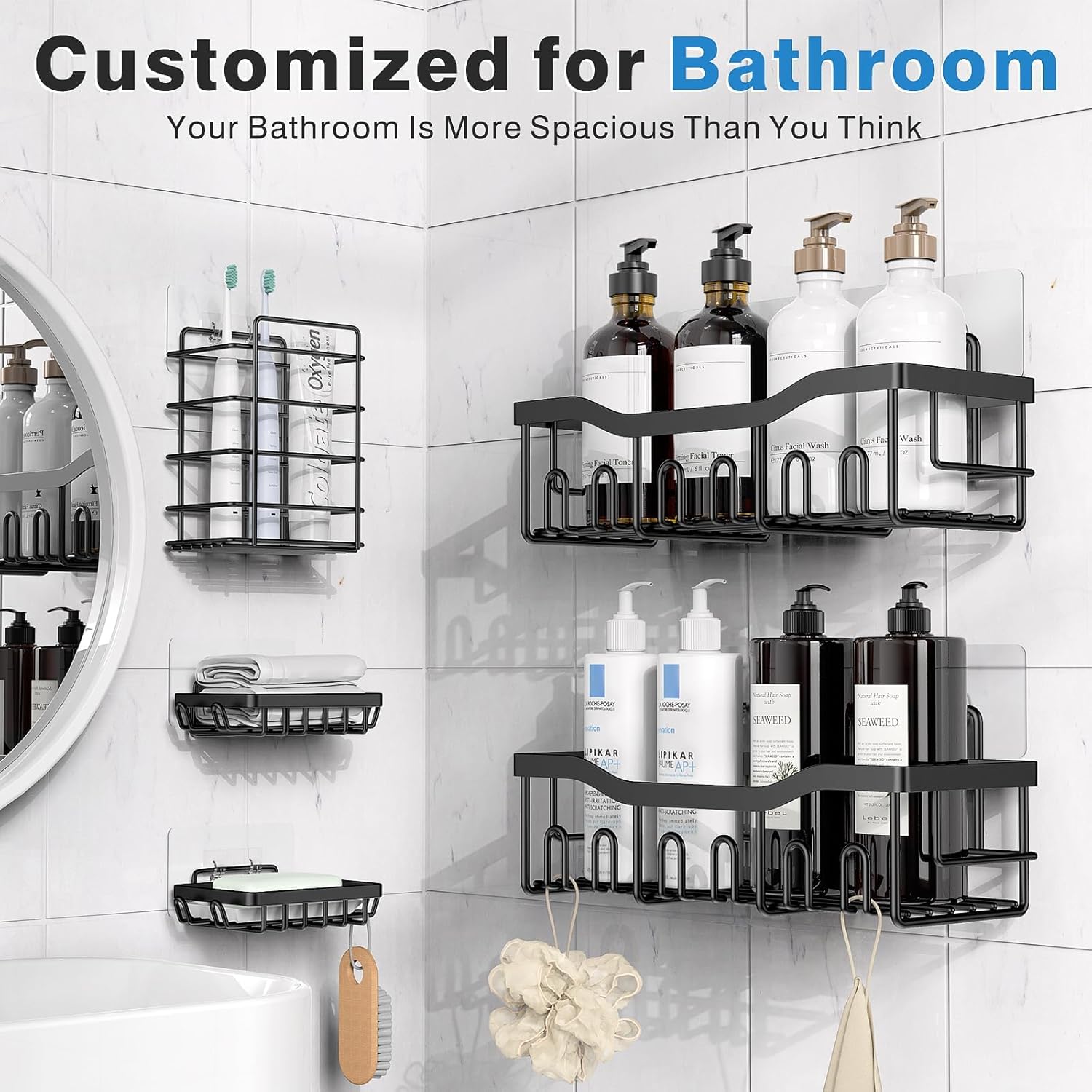 5 Pack Self-Adhesive Shower Shelves, Rust-Resistant Stainless Steel Bathroom Storage Organisers, No Drill, Black — image 2
