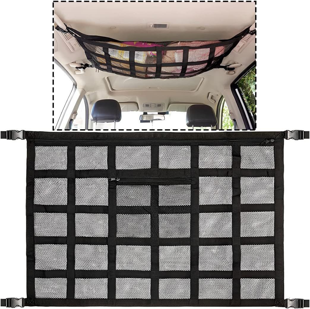 Car Ceiling Cargo Net Pocket, Strengthen Load-Bearing and Droop Less Mesh Organizer, Double-Layer Adjustable Buckle Roof