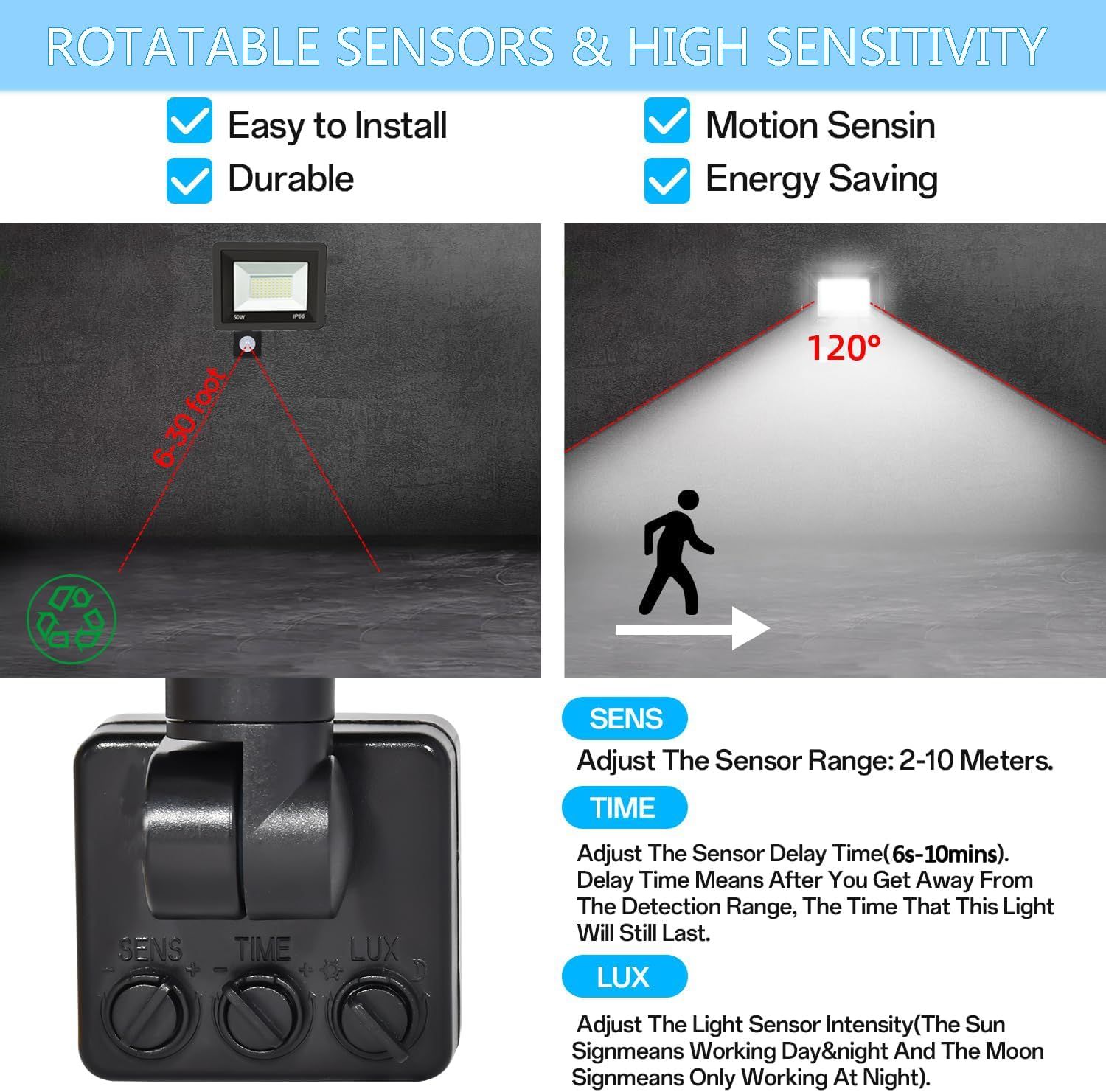 2 Pack LED Floodlight with Motion Sensor, 50W 5000LM 6500K Cool White, IP66 Waterproof — image 3