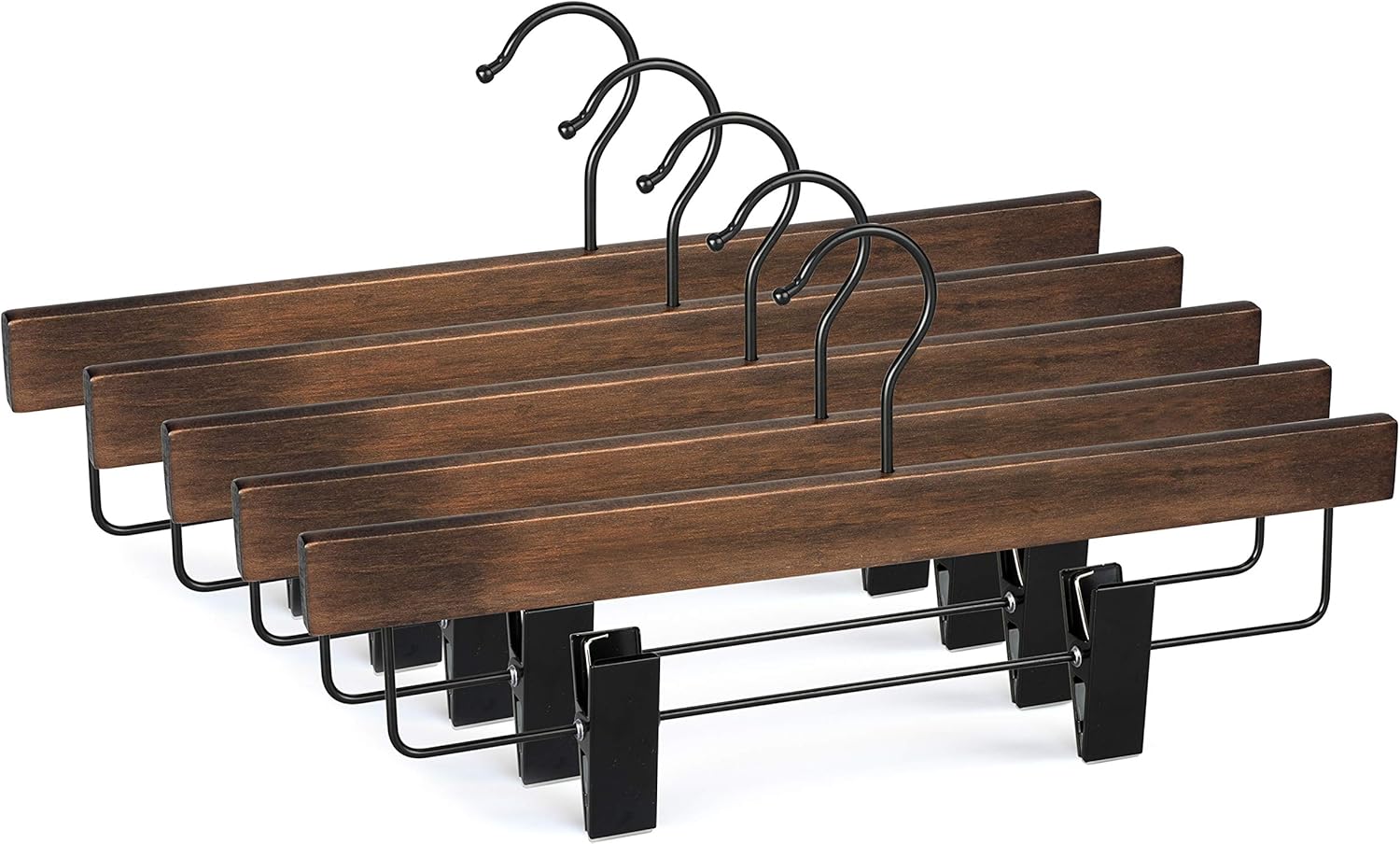 TOPIA HANGER Pants Hangers, Wooden Skirt Hangers with Adjustable Metal Clips, Premium Retro Finish and 360° Swivel Black Hook, Jean Hangers for Closet,10 Pack