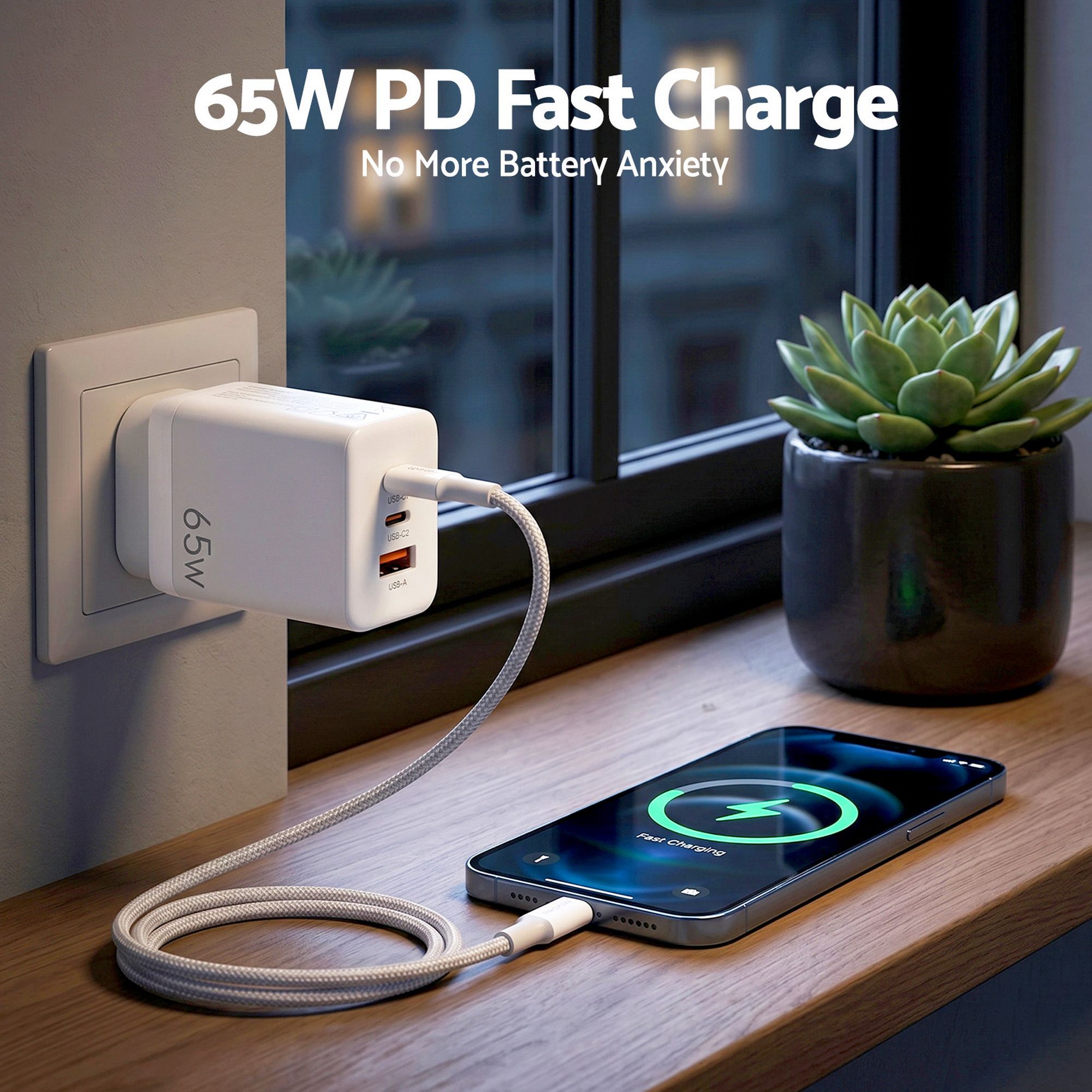 Devanti USB C Charger 65W Fast Charger 3 Port PD Wall Adapter White โ image 4