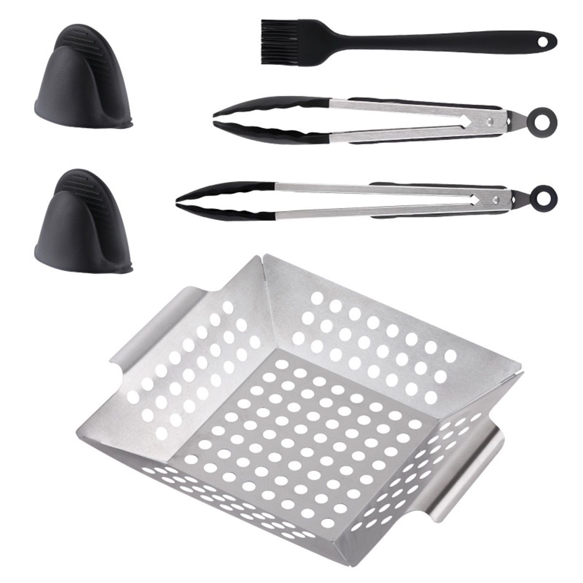 Grill Basket, Stainless Steel Grilling Basket, BBQ Grill Basket Wok for Vegetable, Kabobs, Shrimps, Heavy Duty Stainless Steel Grilling Accessories for All