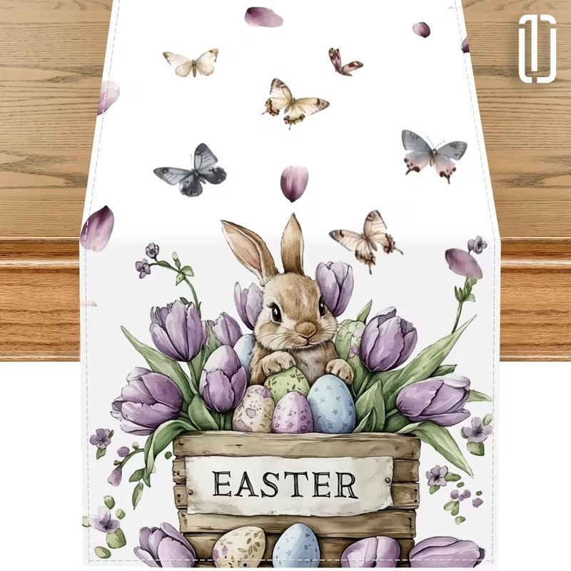 33 × 183 CM Festive Easter Linen Table Runner - Cartoon Bunny Table Runner & Stain-Resistant Primitive Home Decor (Style-7)