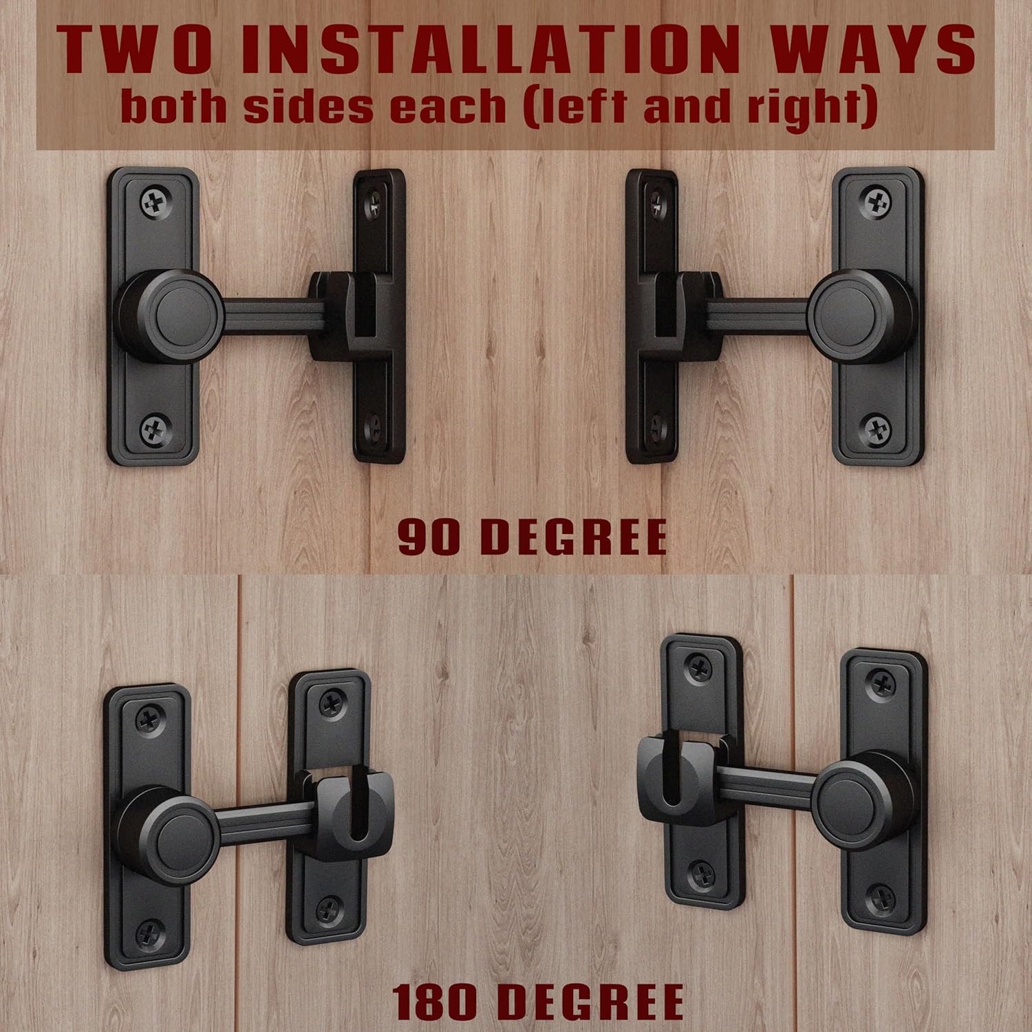Barn Door Privacy Latch, 90°/180° Swing Slide Lock, Zinc-Alloy, Adhesive or Screw Mount, Interior Use for Bathroom/Bedroom/Closet/Shed, Includes Screws & Glue — image 3