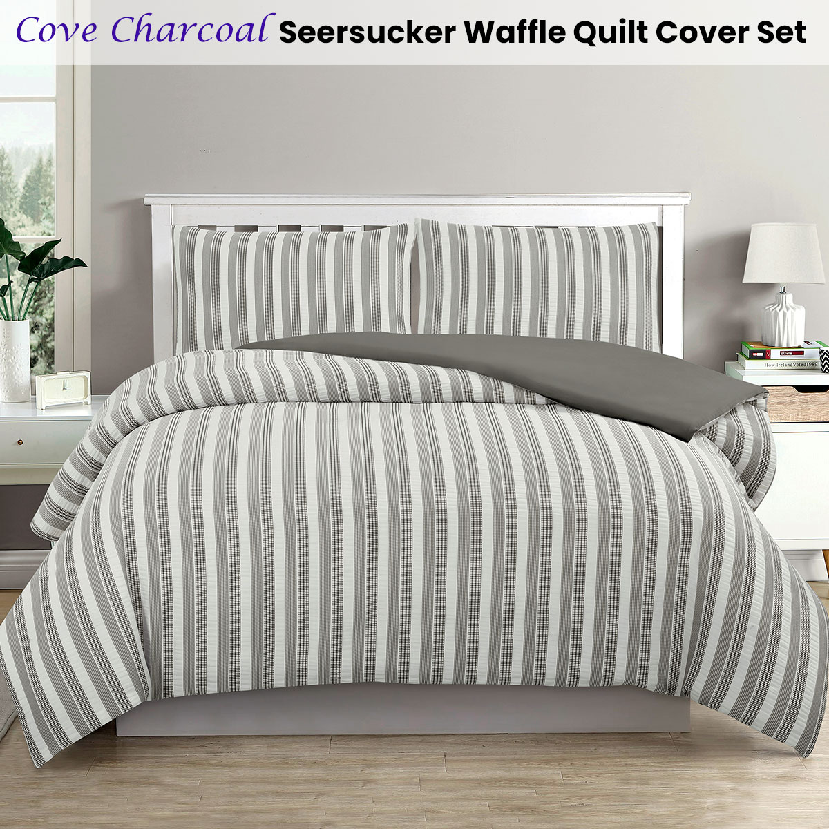 Ardor Cove Charcoal Seersucker Waffle Quilt Cover Set King — image 2