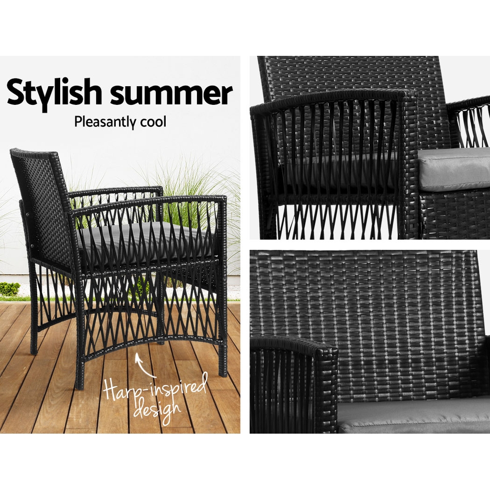Gardeon 3PC Outdoor Bistro Set Patio Furniture Wicker Dining Chairs Table Cushion Black โ image 5